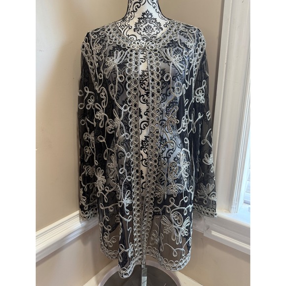 Victor Costa Sweaters - Victor Costa Occasion Silver Embroidered Mesh Duster Cardigan 1X Black Glam